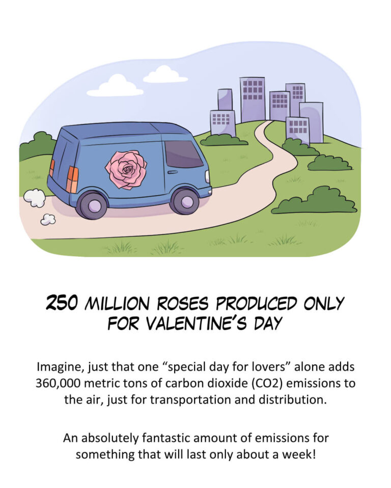 Episode 5: Roses of Valentine

250 Million Roses Produced Only for Valentine's Day

Imagine, just that one “special day for lovers” alone adds 360,000 metric tons of carbon dioxide (CO2) emissions to the air, just for transportation and distribution.

An absolutely fantastic amount of emissions for something that will last only about a week!
