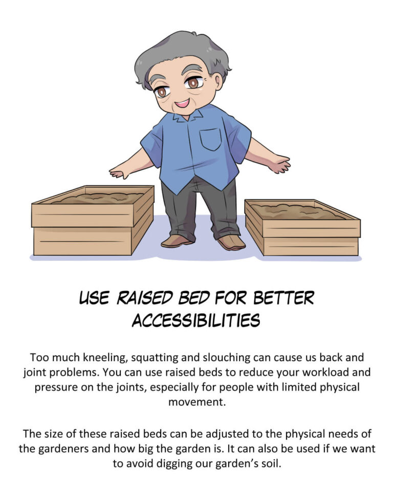 Use Raised Bed for Better Accessibilities

Too much kneeling, squatting and slouching can cause us back and joint problems. You can use raised beds to reduce your workload and pressure on the joints, especially for people with limited physical movement.

The size of these raised beds can be adjusted to the physical needs of the gardeners and how big the garden is. It can also be used if we want to avoid digging our garden’s soil.
